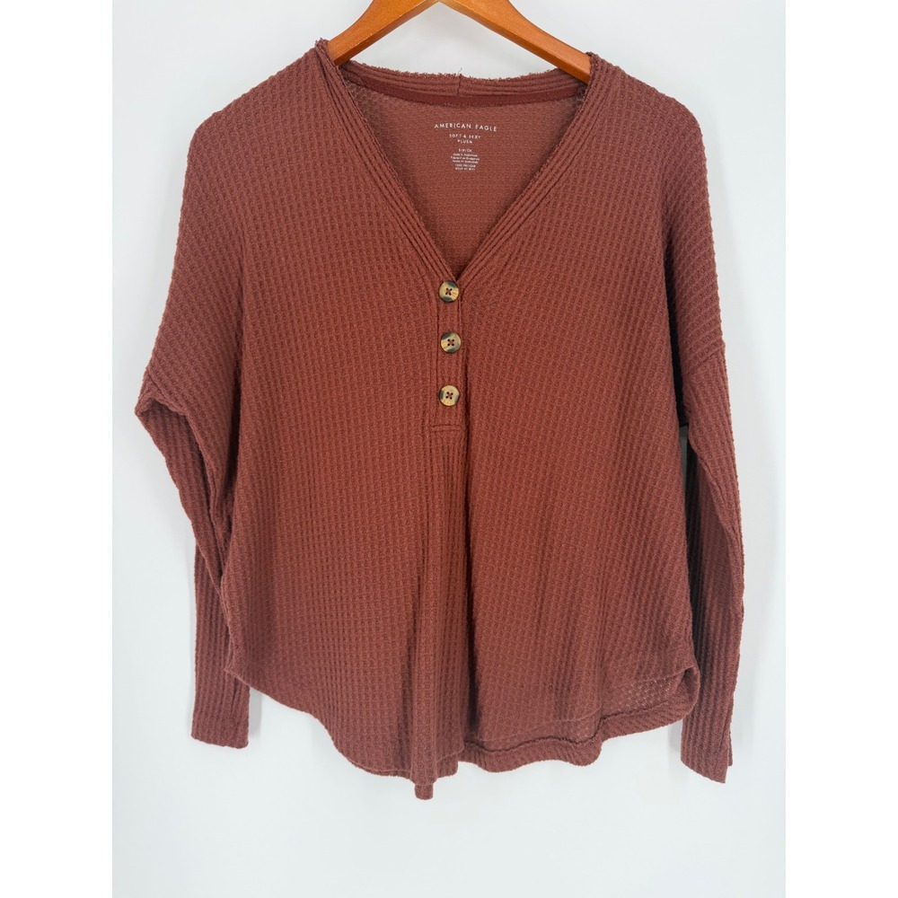 American Eagle Womens Henley Top Small Soft Sexy Plush Waffle Knit Boho Rust